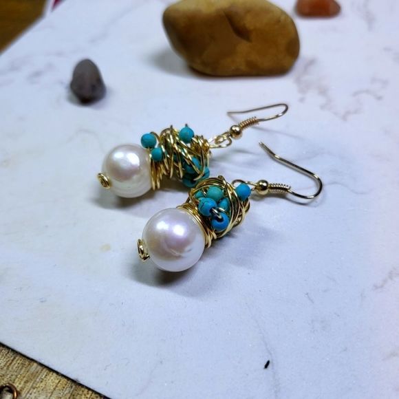 Handmade new earrings natural freshwater pearls and turquoise gold filled - Picture 3 of 6